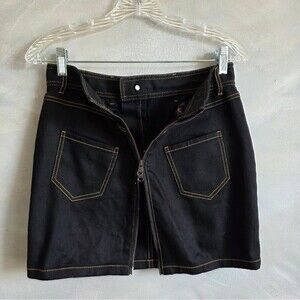 Betsey Johnson Mini Black Denim Gold Contrast Stitch Double Zip Mini Skirt Sz 4